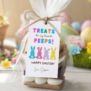 Puede incluir: Una bolsa transparente atada con una cinta blanca y cuerda, que contiene s'mores. Una etiqueta blanca dice "Treats for my favorite peeps!" con texto colorido y siluetas de conejos. La etiqueta también dice "Happy Easter!" y "Love, Sophia."