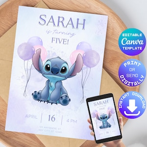 Digital Stitch Birthday Invitation Template | Editable Watercolor Stitch Invitation for Girl | Cartoon Kids Birthday Invitation | Printable