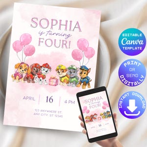 Digitale Einladungskarte für Mädchen-Geburtstage | Geburtstagseinladung Pfote Pink | Mädchen Pfote Geburtstag | Kinder-Geburtstags-Einladung