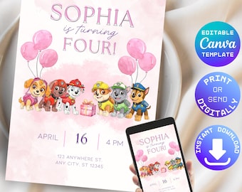 Faire-part numérique patte pour les anniversaires de fille | Invitation d'anniversaire patte rose | Anniversaire patte de fille | Faire-part d'anniversaire pour enfants | Caricature d'invitation