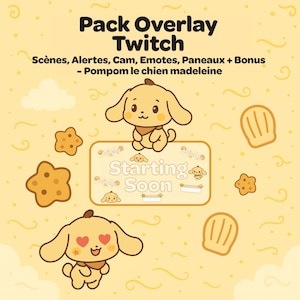 May include: A yellow Twitch overlay pack featuring the text "Pack Overlay Twitch" and "Starting Soon". The design includes cartoon dog characters, star-shaped cookies, and madeleine cookies on a yellow background.