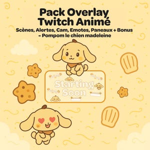 May include: A yellow digital art graphic for Twitch streamers. The image features a cartoon dog character, cookies, and the words "Pack Overlay Twitch Animé" and "Starting Soon". The background is a light yellow colour.