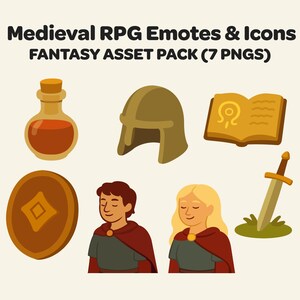 May include: A collection of medieval RPG emotes and icons. The image includes a potion bottle, helmet, open book, coin, two characters, and a sword in the ground. The text at the top reads "Medieval RPG Emotes & Icons FANTASY ASSET PACK (7 PNGS)".