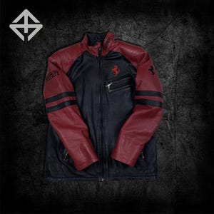 Blouson en cuir de course Ferrari style vintage avec logo F1 rouge et noir Blouson de course en cuir de course automobile Formula, cadeau pour lui