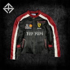 Blouson en cuir de course Ferrari style vintage avec logo F1 rouge et noir Blouson de course en cuir de course automobile Formula, cadeau pour lui