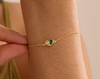 Personalisierte Herz Birthstone Armband, 14K Gold Zierliche Armband, Mutter und Tochter Armband, Weihnachtsgeschenk für Sie, Familiengeschenk für Mama