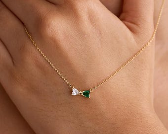 Benutzerdefinierte Schleife Birthstone Halskette, Minimalist 2 Birthstone Halskette, personalisierte Geschenk, Familien Schmuck, Geschenk für Freundin, Weihnachtsgeschenk