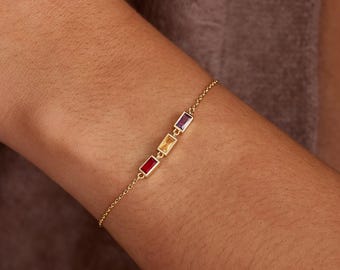 バゲットカット誕生石ブレスレット、カスタム誕生石ブレスレット、繊細なブレスレット、メモリアルギフト、おばあちゃんへのブレスレット、母の日の贈り物