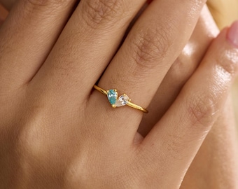 Birthstone Stacking Ring, 2 Birthstone Ring, Custom Family Birthstone Ring, Mother and Daughter Jewelry, Birthday Gift, Mothers Day Gift