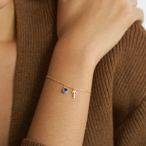 Dainty Initial Bracelet with Round Birthstone, Custom Letter Bracelet, Birthstone Jewellery, Birthday Gifts for Her, Mother's Day Gift