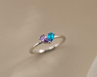 Benutzerdefinierte herzförmige Birthstone Ring, 2 birnenförmige Birthstone Ringe, personalisierte stapelbare Birthstone Ringe, Geburtstagsgeschenke, Mutter Geschenk