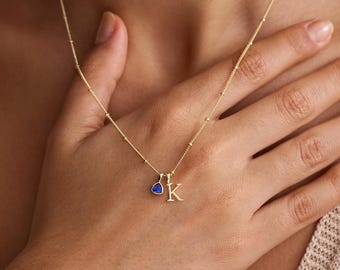 Zarte Initialen Halskette mit Geburtsstein, Benutzerdefinierte Buchstabe Halskette, Schmuck, Gold Initial Halskette, Weihnachtsgeschenk für Sie