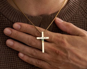 Benutzerdefinierte Name Herren Halskette, Birthstone Halskette, personalisierte Kreuz Halskette, Birthstone Schmuck, Weihnachtsgeschenk, Geschenke für Papa