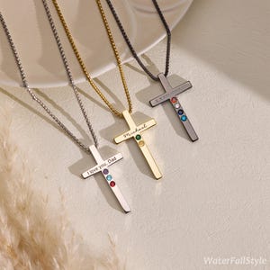 Custom Name Men&#39;s Necklace, Birthstone Necklace, Personalized Cross Engraved Necklace, Birthstone Jewelry, Father&#39;s Day Gift, Gifts for Dad