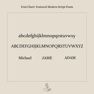 May include: A font chart titled "Font Chart: Featured Modern Script Fonts" displays lowercase and uppercase alphabets, and the names Michael, JAME, and ADAM in a modern script font. The background is a light beige color.