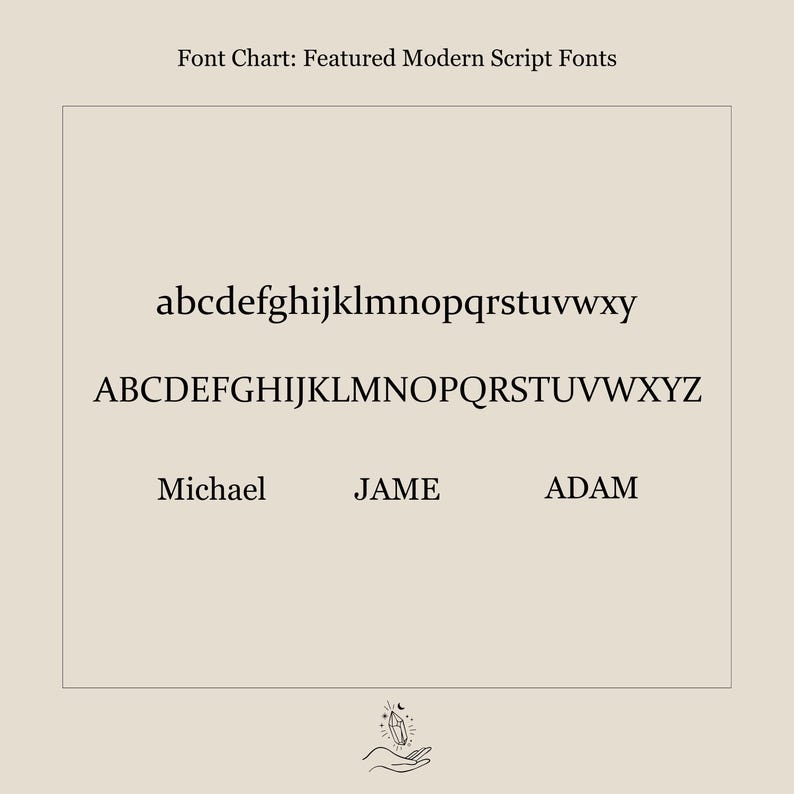 May include: A font chart titled "Font Chart: Featured Modern Script Fonts" displays lowercase and uppercase alphabets, and the names Michael, JAME, and ADAM in a modern script font. The background is a light beige color.