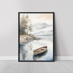 Boot Aquarell Malerei - Neblige Landschaftsmalerei - Kunstdruck - Ruderboot Wandkunst - See Malerei - Aquarell Poster