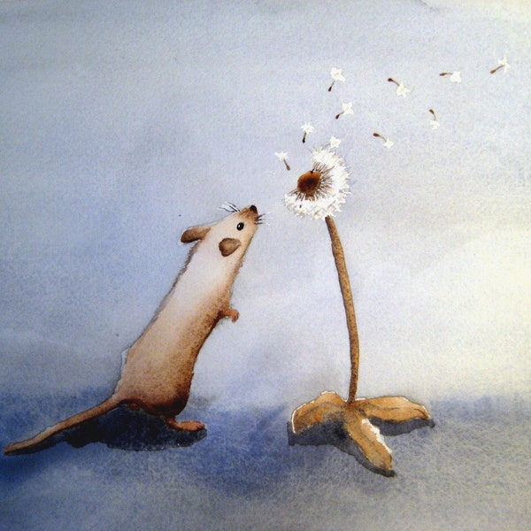 One Tiny Wish - Mouse with Dandelion - 9x12 inch Original Watercolor Painting
