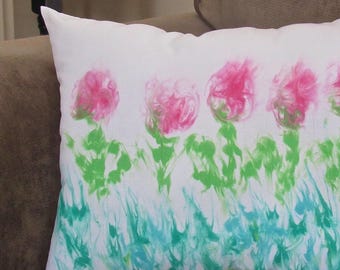 Hand Painted Lumbar Pillow / Watercolor Pink Flowers / Cottagecore Decor