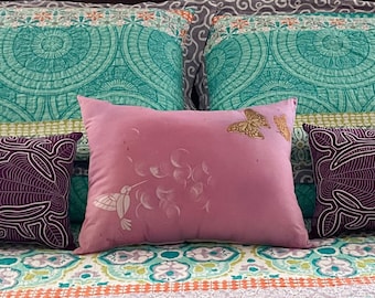 Pink Lumbar Pillow with Butterflies / Hand Painted Pillow / Hummingbird Decor
