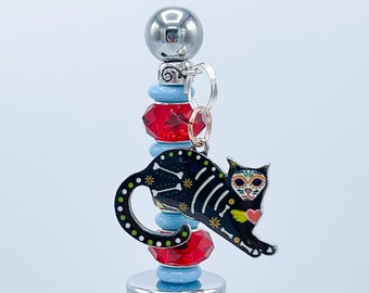 Dia De Los Muertos Cat Wine Stopper, Hand Beaded Halloween Bottle Decor