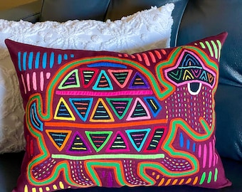 Turtle Mola Pillow: Hand Sewn Kuna Indian Art Accent Pillow