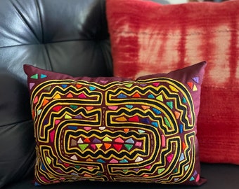 Colorful Confetti Mola Pillow / Hand Sewn Vintage Kuna Indian Art