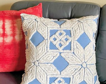 Blue and White Chenille Pillow / Cottagecore Style / Vintage Design