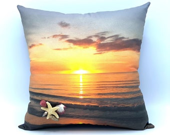 Sunset Photo Pillow / Seashell Accent / Beach Home Decor / Cottagecore Gift