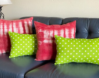 Green and White Polka Dot Pillows / Pair of Lumbar Pillows / Retro Home Decor / Cottagecore