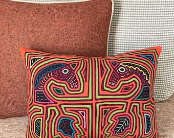 Hand Sewn Twin Horses Mola Pillow: Kuna Indian Art, Abstract Design