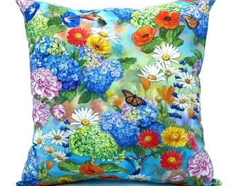 Hummingbirds and Butterflies Pillow / Bright Home Decor / Cottage Chic / Bird Lover Gift