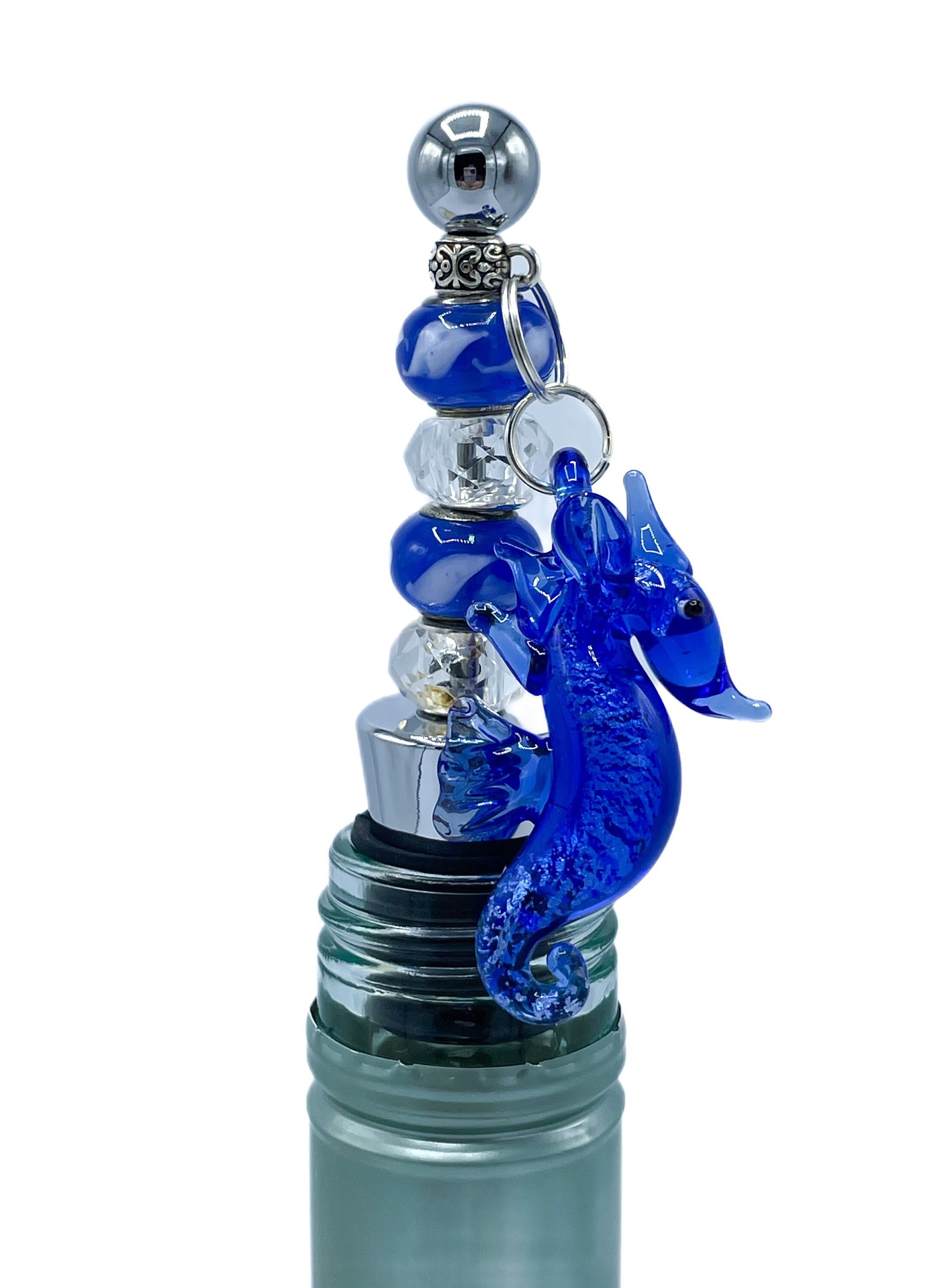 Seahorse Wine Stopper / Deep Blue Glass Bottle Stopper / Beach Wedding