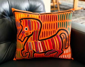 Primitive Horse Mola Pillow / Hand Sewn Kuna Indian Art