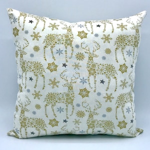 Gold Reindeer Holiday Pillow / Snowflakes and Reindeer / Rustic Holiday Decor / Farmhouse Christmas Pillow