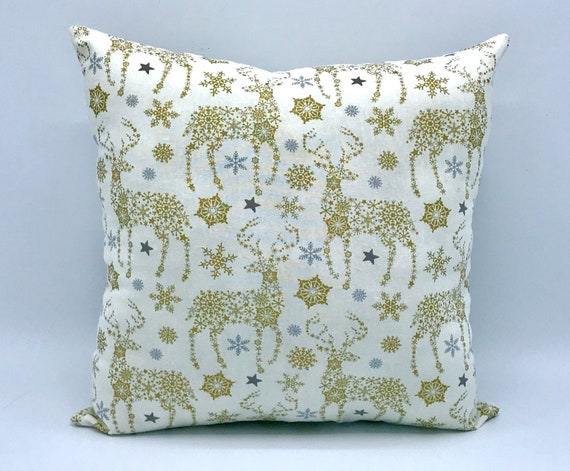 Gold Reindeer Holiday Pillow / Rustic Farmhouse Christmas Decor / 12" x 12" Cushion