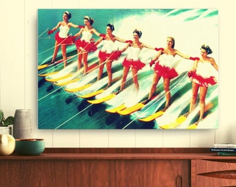 Vintage 1960s Florida Aquamaids Water Skiing Art on 20x30 Canvas - Retro Wall Decor, Nautical Beach Theme