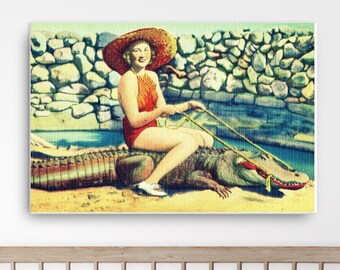 Woman Riding Alligator Art Canvas 24x36, Bathroom Wall Art, Vintage Florida Decor