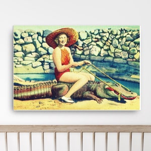 Coastal Wall Art, Alligator Art Canvas 24x36, Old Florida Art, Woman riding Alligator Art, Bathroom Wall Art, Eclectic Home Decor image 1