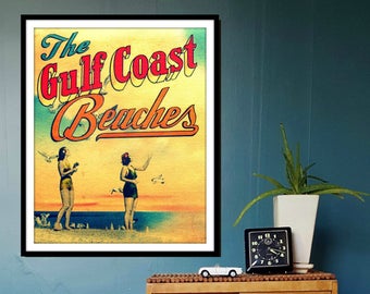 Arte playero vintage de las playas de la costa del Golfo, arte mural costero, anuncio playero vintage