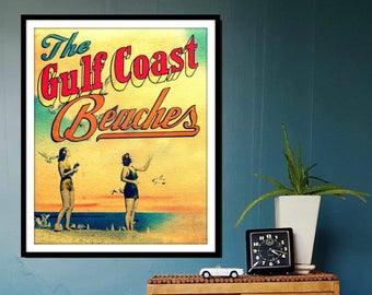 Vintage Beach Art of Gulf Coast Beaches, Coastal Wall Art, vintage beach ad