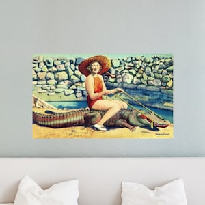 Woman Riding Alligator Art Canvas, Beachy Wall Art, Old Florida Decor, Beach Home Gifts