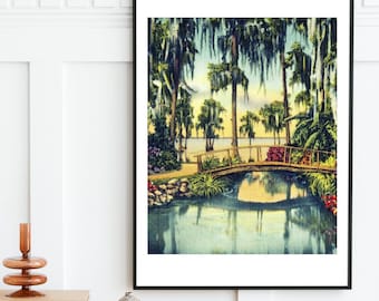 Lámina de arte mural costero Puente en Cypress Gardens, Florida vintage