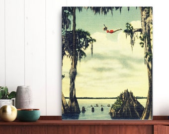 Old Florida Canvas, Woman Diving at Cypress Gardens, Vintage Florida Art,  24x30 Canvas,  living room art