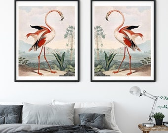 Pink Flamingo art, vintage flamingo print, Pink Flamingo Illustration, Vintage Florida Decor