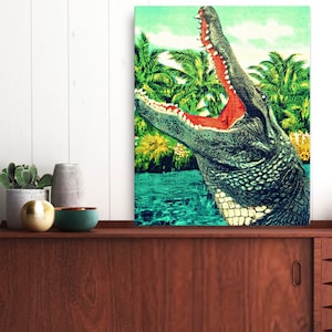 Alligator Wall Art on 24x30 Canvas, Vintage Florida Art, Coastal Wall Art, Alligator Art, Florida Home Gifts