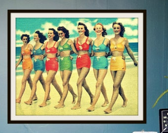 Vintage Beach Photograph, Women in Vintage Swimsuits on Beach, Home Gifts, Beach House Decor, Retro Beach Art