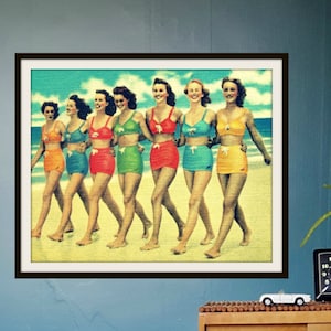 Vintage Beach Photograph, Women in Vintage Swimsuits on Beach, Mom Gifts, Beach House Decor, Retro Beach Art