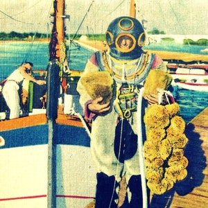Vintage Scuba Art Sponge Diver at Tarpon Springs Florida, Beachy Wall Art