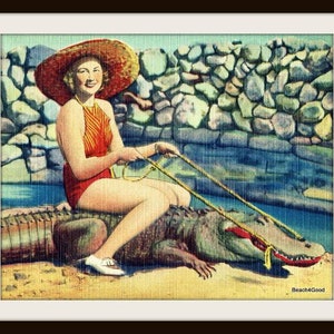 Retro Woman Riding Alligator Photograph, Vintage Beach Decor, Summer Art Vintage Florida image 2